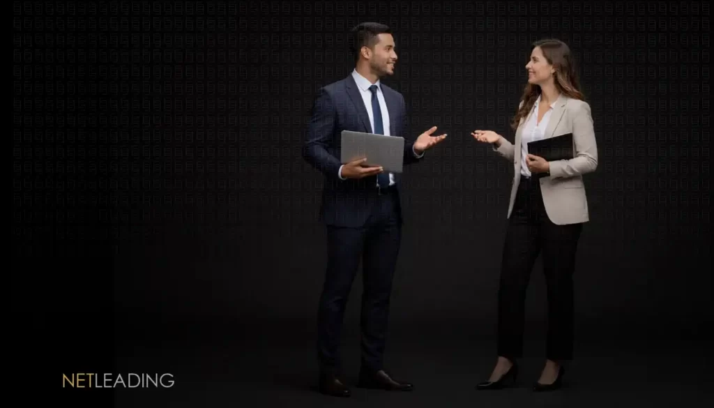 ¿Qué es Networking? Dos personas latinas conversando, con un fondo completamente negro.